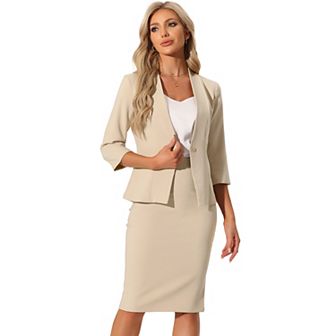 Business Skirt Suit Set For Women's 2 pc Office Work Outfit Collarless Blazer Pencil Skirt