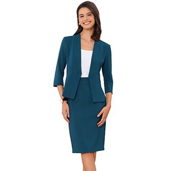 Business Skirt Suit Set For Women's 2 pc Office Work Outfit Collarless Blazer Pencil Skirt