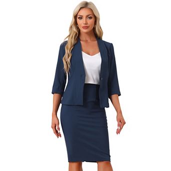 Business Skirt Suit Set for Women's 2 pc Office Work Outfit Collarless Blazer Pencil Skirt
