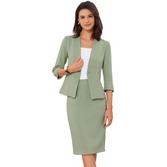 Business Skirt Suit Set for Women's 2 pc Office Work Outfit Collarless Blazer Pencil Skirt