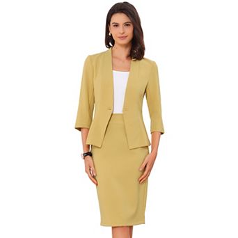 Business Skirt Suit Set for Women's 2 pc Office Work Outfit Collarless Blazer Pencil Skirt