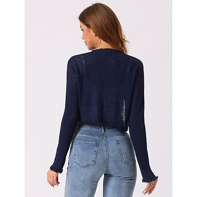 Women's Crop Shrug Ruffle Trim Long Sleeve Knit Elegant Open Front Casual Bolero Cardigan