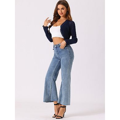 Women's Crop Shrug Ruffle Trim Long Sleeve Knit Elegant Open Front Casual Bolero Cardigan