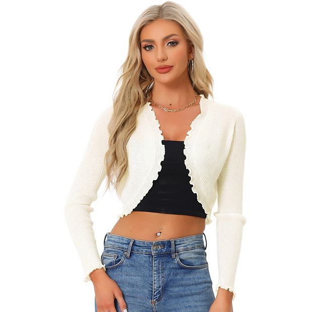 Women's Crop Shrug Ruffle Trim Long Sleeve Knit Elegant Open Front