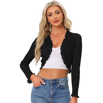 Women's Crop Shrug Ruffle Trim Long Sleeve Knit Elegant Open Front Casual Bolero Cardigan