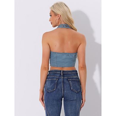 Denim Crop Top For Women Sleeveless Button Front Halter Tank Top