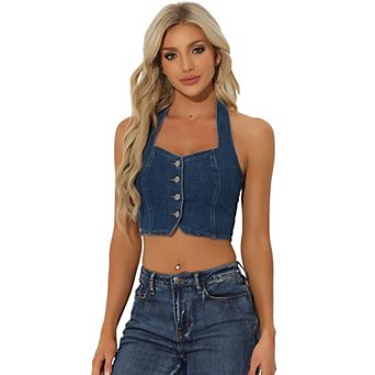Denim Crop Top For Women Sleeveless Button Front Halter Tank Top