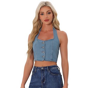 Denim Crop Top For Women Sleeveless Button Front Halter Tank Top