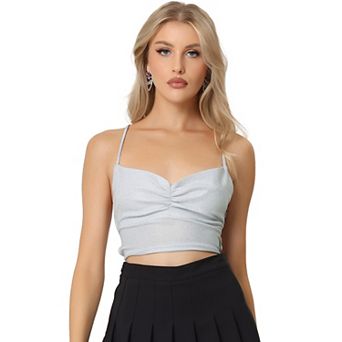 Party Tank Top For Women Sparkle Glitter Front Pleat Swing Back Cross Straps Sleeveless Tops