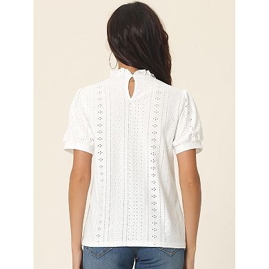 Women's Puffy Sleeve Eyelet Tops Back Button Down Dressy Casual Ruffle Neck Blouses Summer T Shirts