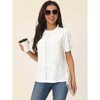 Women's Puffy Sleeve Eyelet Tops Back Button Down Dressy Casual Ruffle Neck Blouses Summer T Shirts