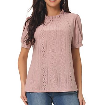 Women's Puffy Sleeve Eyelet Tops Back Button Down Dressy Casual Ruffle Neck Blouses Summer T Shirts
