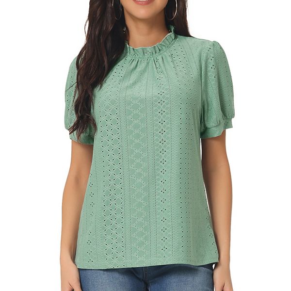 Eyelet Embroidered Puffy Sleeve Button Dow Top in Sky Blue main image 1