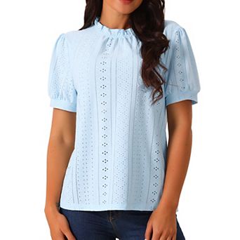 Women's Puffy Sleeve Eyelet Tops Back Button Down Dressy Casual Ruffle Neck Blouses Summer T Shirts