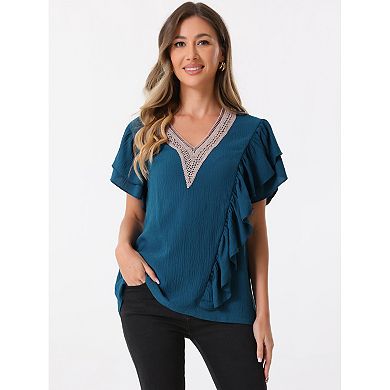 Ruffle Short Sleeve Tops For Women V Neck Casual Blouse