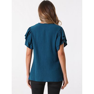 Ruffle Short Sleeve Tops For Women V Neck Casual Blouse
