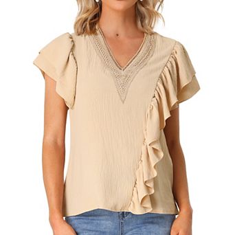 Ruffle Short Sleeve Tops For Women V Neck Casual Blouse