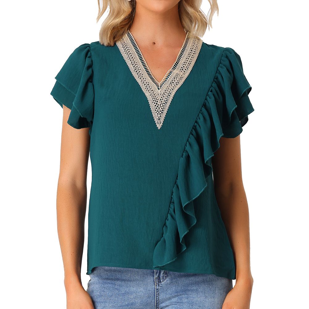Green Stripe Collar V Neck Ruffle Short Sleeve Blouse main image 1