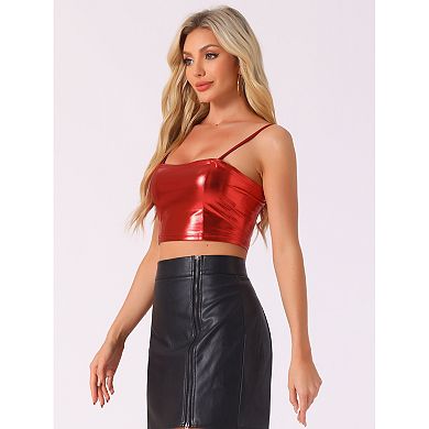 Women's Spaghetti Strap Tank Top Sleeveless Party Sparkly Shiny Metallic Crop Cami Tops