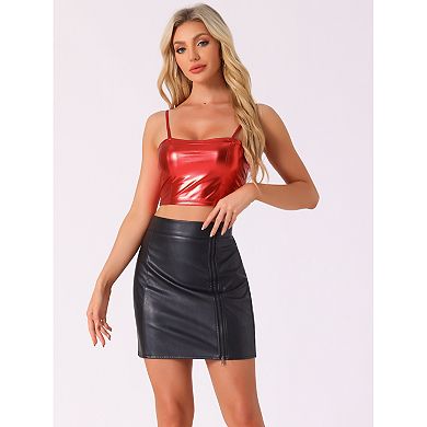 Women's Spaghetti Strap Tank Top Sleeveless Party Sparkly Shiny Metallic Crop Cami Tops