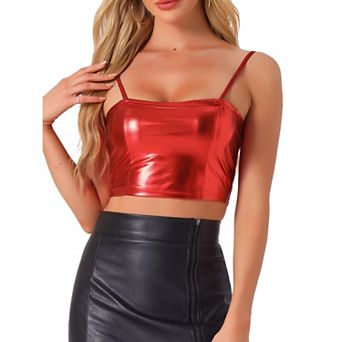 Women's Spaghetti Strap Tank Top Sleeveless Party Sparkly Shiny Metallic Crop Cami Tops