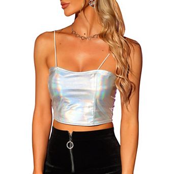 Women's Spaghetti Strap Tank Top Sleeveless Party Sparkly Shiny Metallic Crop Cami Tops