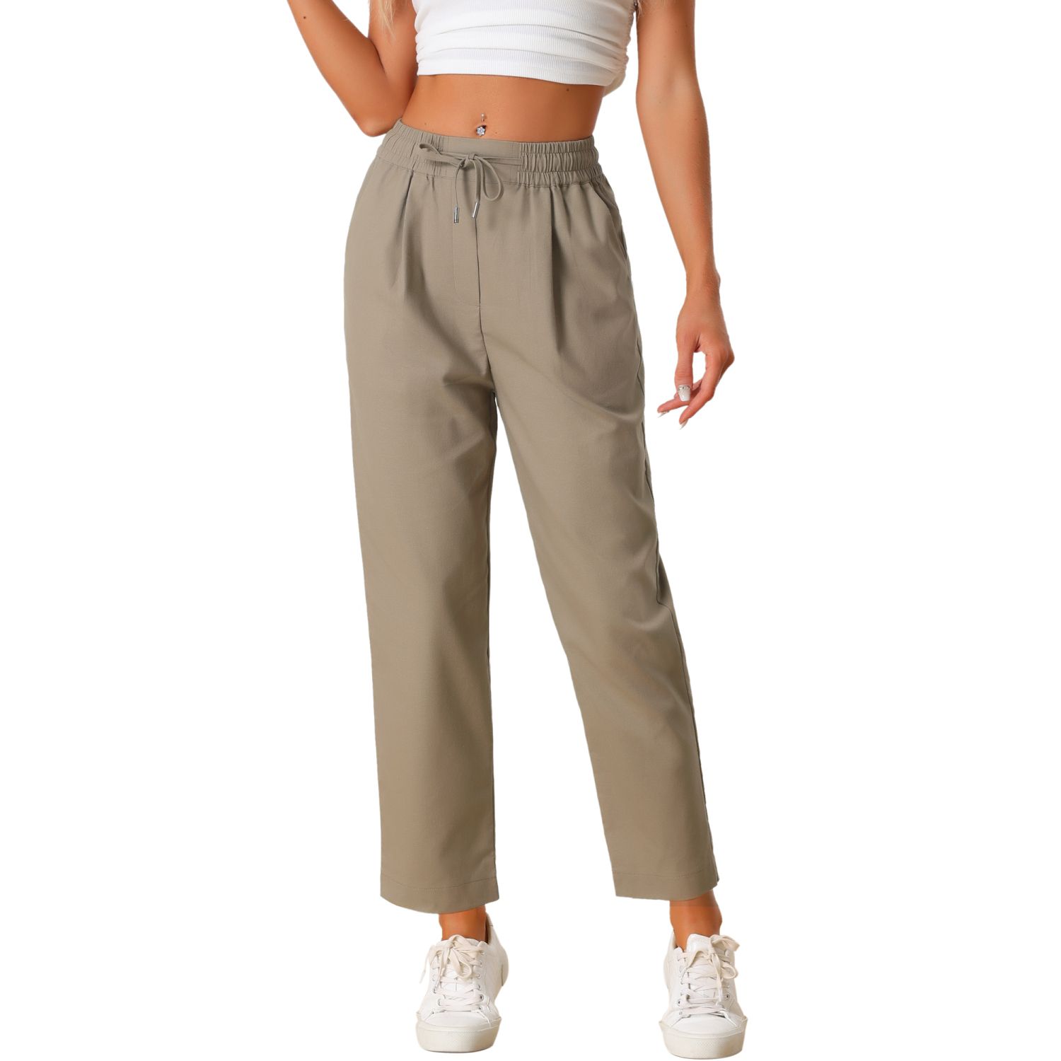 Womens Tapered Pants Cotton Linen Drawstring Back Elastic Waist Pants Casual Trousers With Pockets Women S Casual Pants Sky Blue M