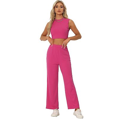 Sleeveless 2pc Outfit For Women's Crop Tank Top And Wide Leg