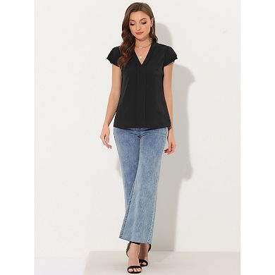 Summer Office Tops For Women V-neck Solid Color Casual Chiffon Ruffle Sleeve Blouse