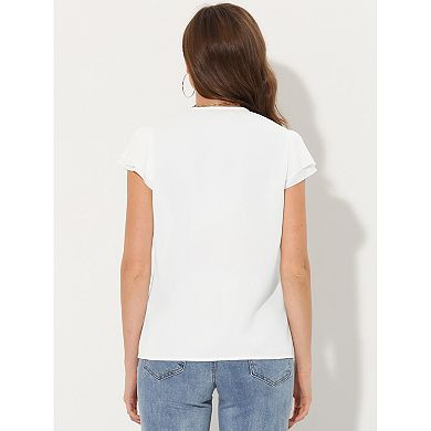 Summer Office Tops For Women V-neck Solid Color Casual Chiffon Ruffle Sleeve Blouse