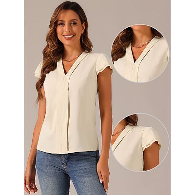 Summer Office Tops For Women V neck Solid Color Casual Chiffon Ruffle Sleeve Blouse