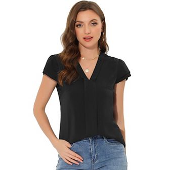 Summer Office Tops for Women V-Neck Solid Color Casual Chiffon Ruffle Sleeve Blouse