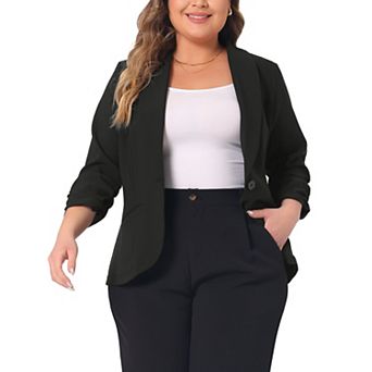 Plus Size Blazer for Women 3/4 Ruched Sleeve Open Front Lightweight Work Office Suit Jacket