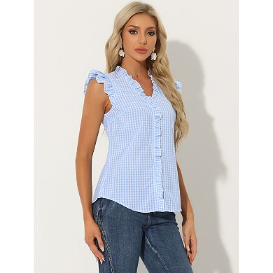 Ruffle Shirt for Women V-Neck Cap Sleeve Plaid Gingham Blouse
