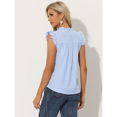 Ruffle Shirt for Women V-Neck Cap Sleeve Plaid Gingham Blouse