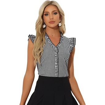 Ruffle Shirt for Women V-Neck Cap Sleeve Plaid Gingham Blouse