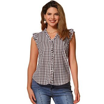 Ruffle Shirt for Women V-Neck Cap Sleeve Plaid Gingham Blouse