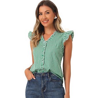 Ruffle Shirt for Women V-Neck Cap Sleeve Plaid Gingham Blouse