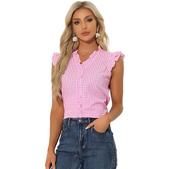 Ruffle Shirt for Women V-Neck Cap Sleeve Plaid Gingham Blouse