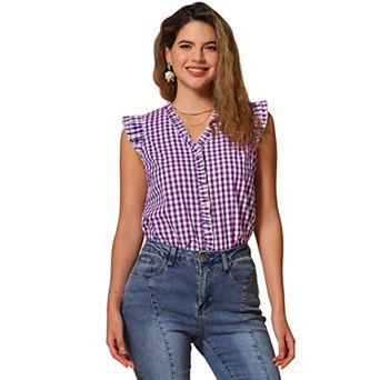 Ruffle Shirt for Women V-Neck Cap Sleeve Plaid Gingham Blouse