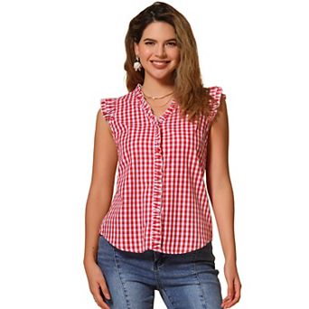 Ruffle Shirt for Women V-Neck Cap Sleeve Plaid Gingham Blouse