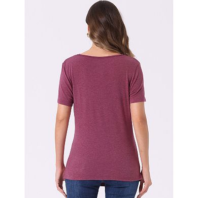 Cowl Neck Blouse For Women Short Sleeve Casual Basic T-shirt Solid Knitted Buttons Decor Ruched Top