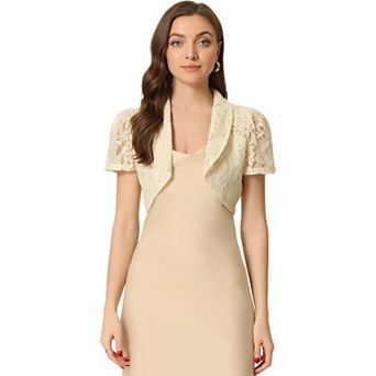 Floral Lace Shrug For Women Lapel Collar Short Sleeves Elegant Bolero Cardigan