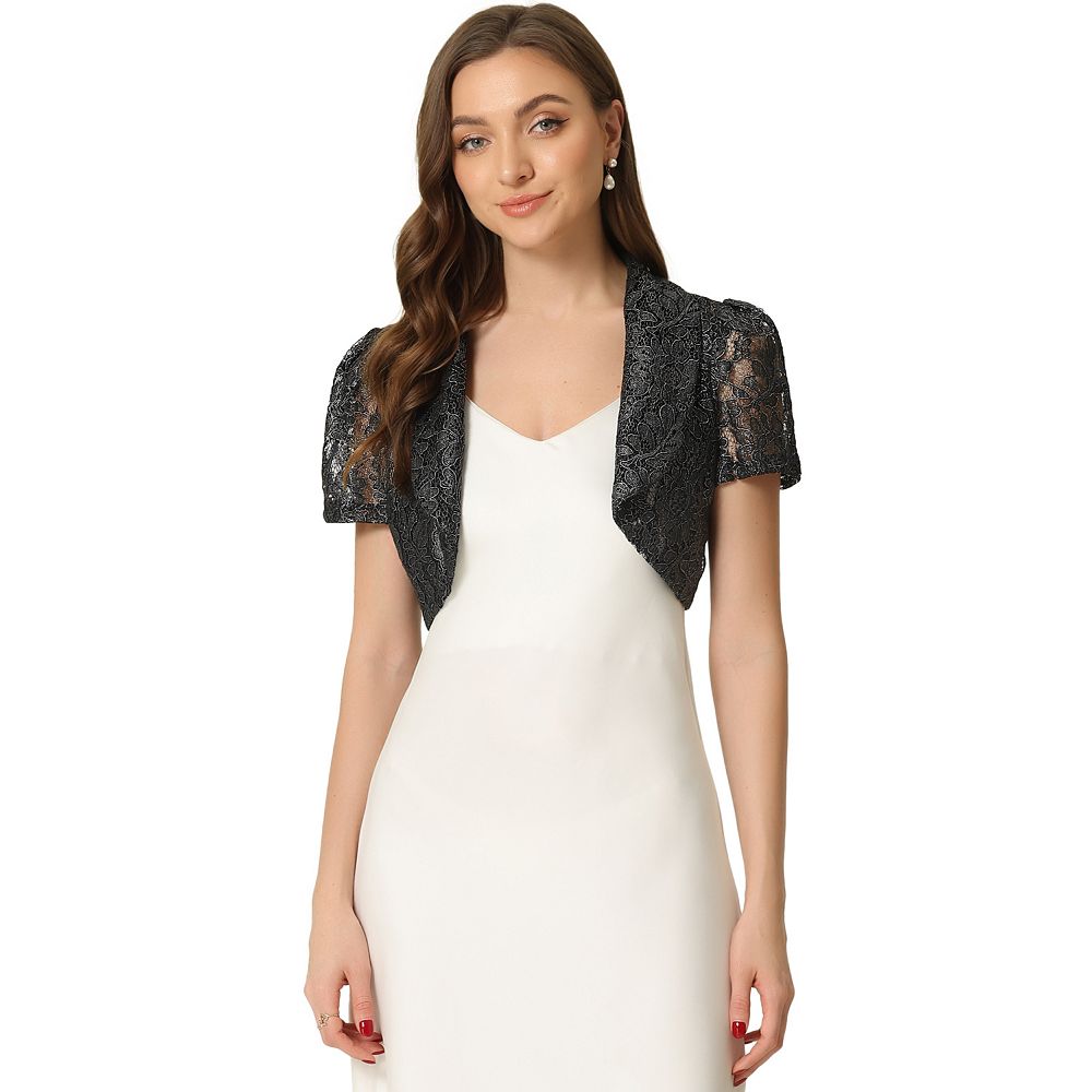 CLORE+ クロレ　ドロップパフジャケット Floral Lace Shrug For Women Lapel Collar Short Sleeves Elegant