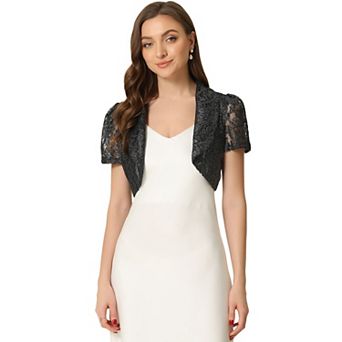 Floral Lace Shrug For Women Lapel Collar Short Sleeves Elegant Bolero Cardigan