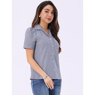 Summer Gingham Blouse for Women Short Sleeve Vintage Button Down Plaid Shirt Top