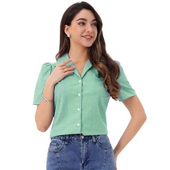 Summer Gingham Blouse for Women Short Sleeve Vintage Button Down Plaid Shirt Top