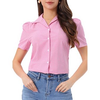 Summer Gingham Blouse For Women Short Sleeve Vintage Button Down Plaid Shirt Top