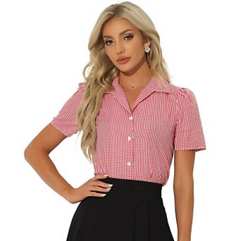 Summer Gingham Blouse For Women Short Sleeve Vintage Button Down Plaid Shirt Top