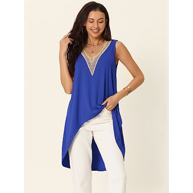 Women's High Low Asymmetrical Tops Sleeveless V-neck Irregular Hem Flowy Blouse Tops